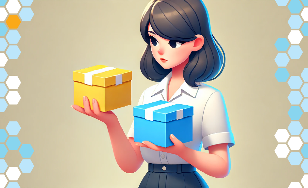 A woman evaluates a yellow box vs a blue box, illustrating the need to choose valid software testing metrics.