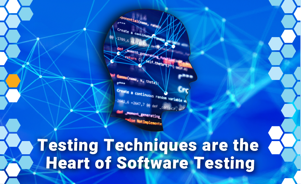 A silhouette of a human face filled with the knowledge of software testing techniques rests on a blue field filled with process connections, representing how understanding testing techniques make testers more effective and productive. 